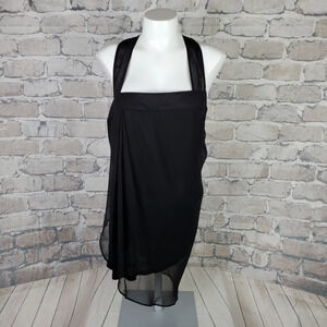 Heather  Black Silk T Back Top Pleated Asymmetrical Hem Sheer Large-fits Smaller
